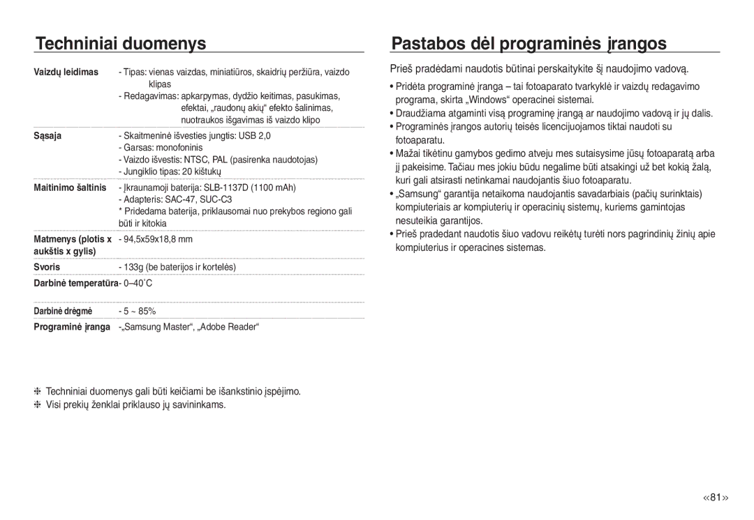 Samsung EC-NV30ZSBA/RU, EC-NV30ZBBA/RU manual Pastabos dėl programinės įrangos 