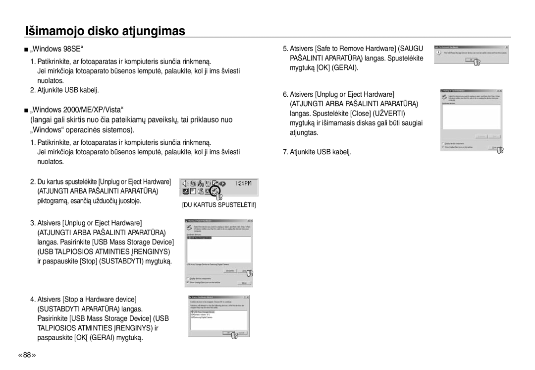 Samsung EC-NV30ZBBA/RU, EC-NV30ZSBA/RU manual Išimamojo disko atjungimas, „Windows 98SE, Atsivers Unplug or Eject Hardware 