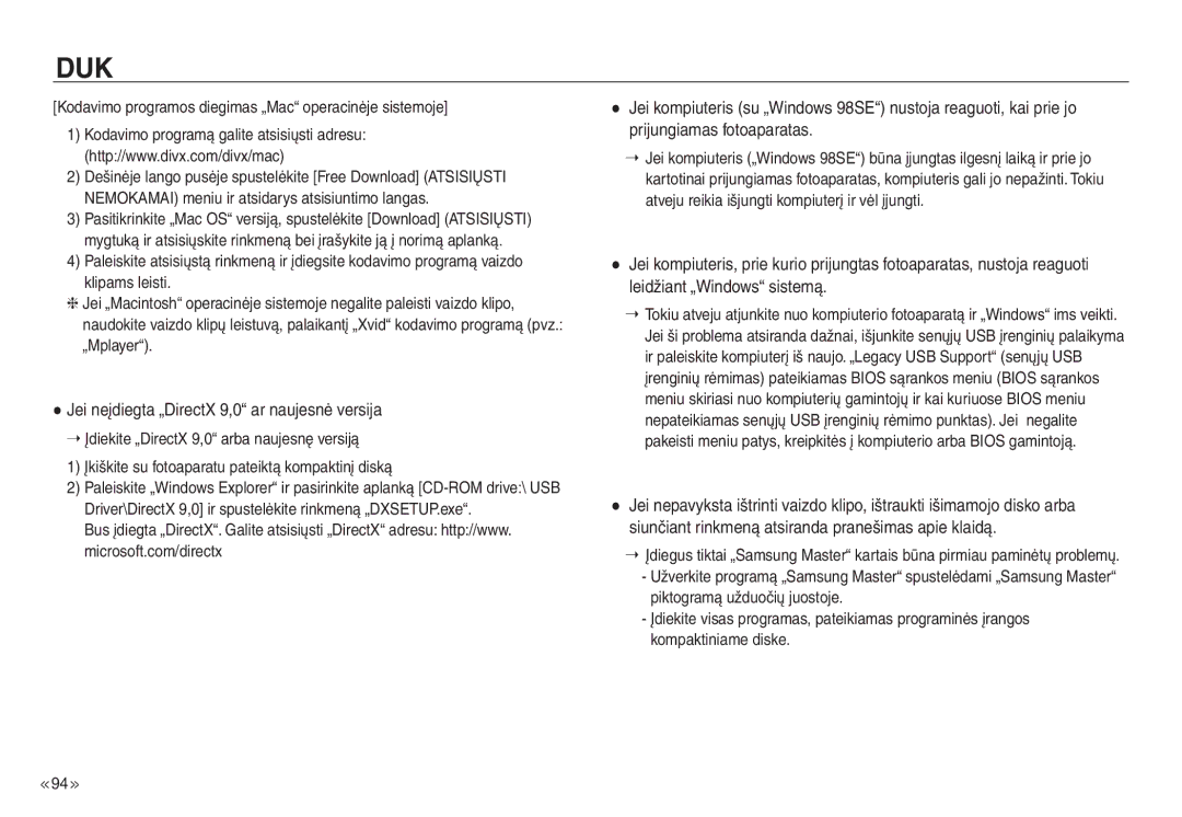 Samsung EC-NV30ZBBA/RU, EC-NV30ZSBA/RU manual Jei neįdiegta „DirectX 9,0 ar naujesnė versija 