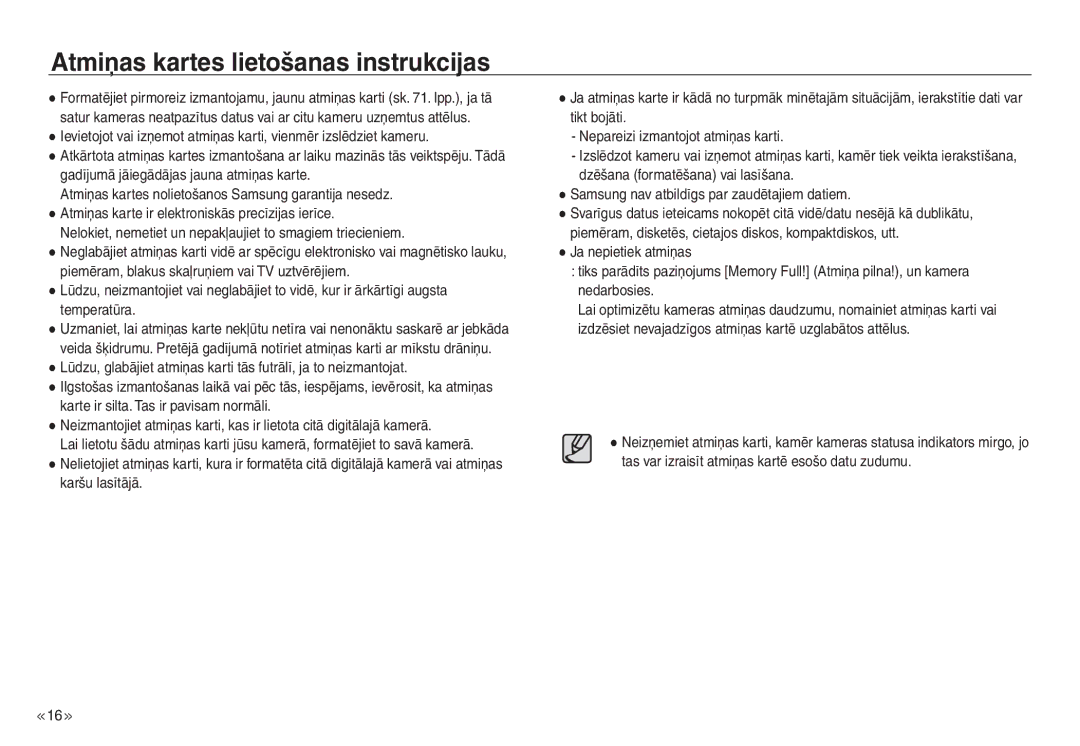 Samsung EC-NV30ZBBA/RU, EC-NV30ZSBA/RU manual Atmiņas kartes lietošanas instrukcijas 