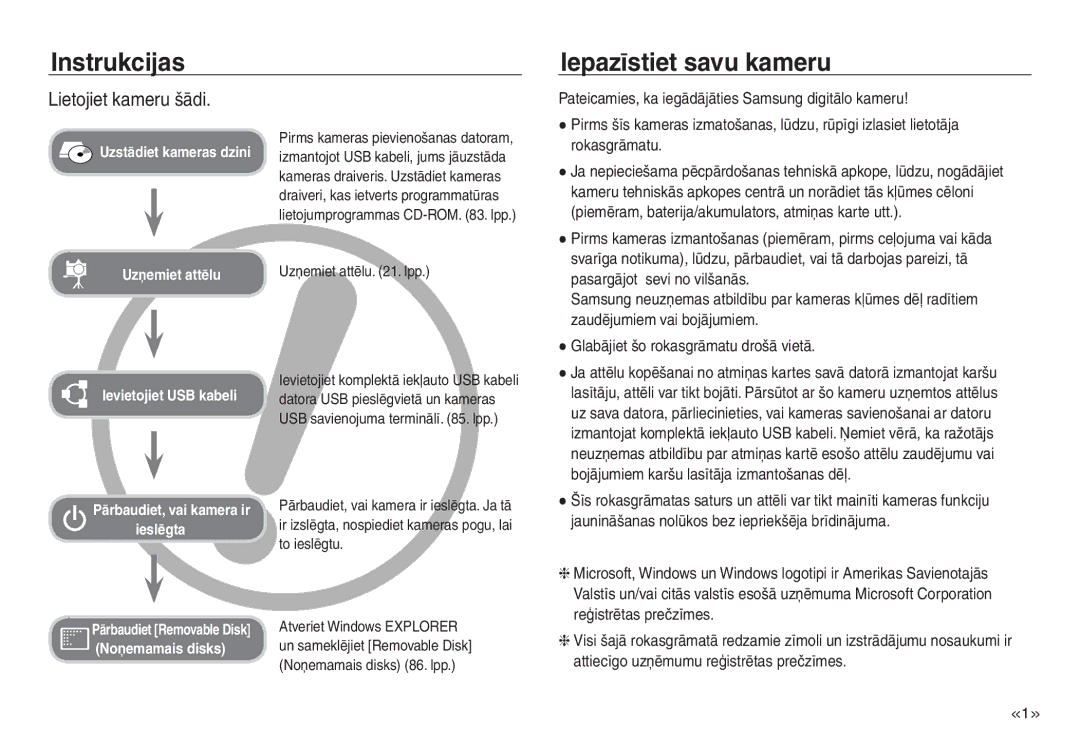 Samsung EC-NV30ZSBA/RU, EC-NV30ZBBA/RU manual Instrukcijas Iepazīstiet savu kameru, Lietojiet kameru šādi 