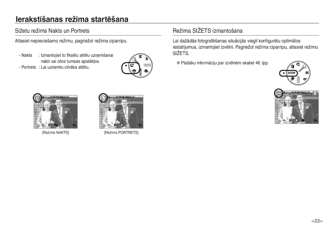 Samsung EC-NV30ZSBA/RU, EC-NV30ZBBA/RU manual Sižetu režīms Nakts un Portrets, Režīma Sižets izmantošana 