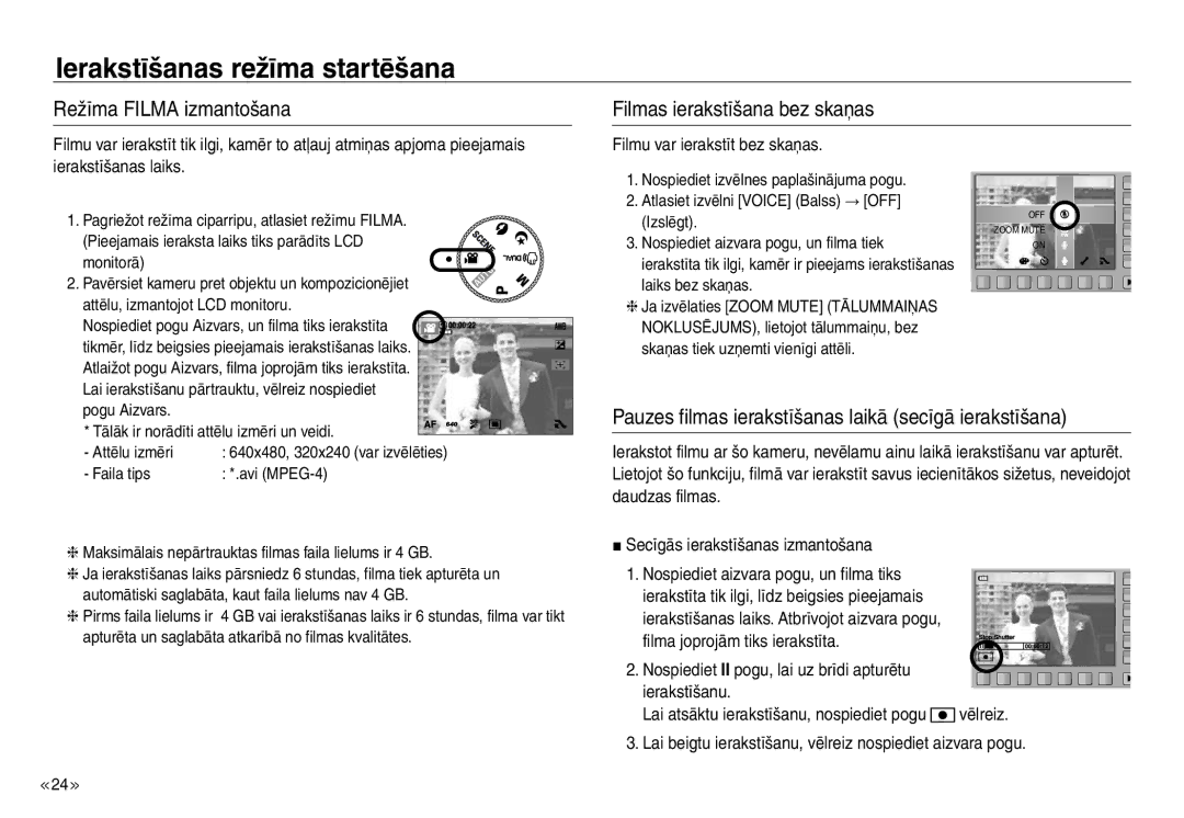 Samsung EC-NV30ZBBA/RU manual Režīma Filma izmantošana Filmas ierakstīšana bez skaņas, Filmu var ierakstīt bez skaņas 