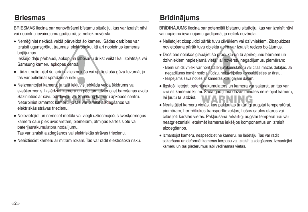 Samsung EC-NV30ZBBA/RU, EC-NV30ZSBA/RU manual Briesmas, Brīdinājums 