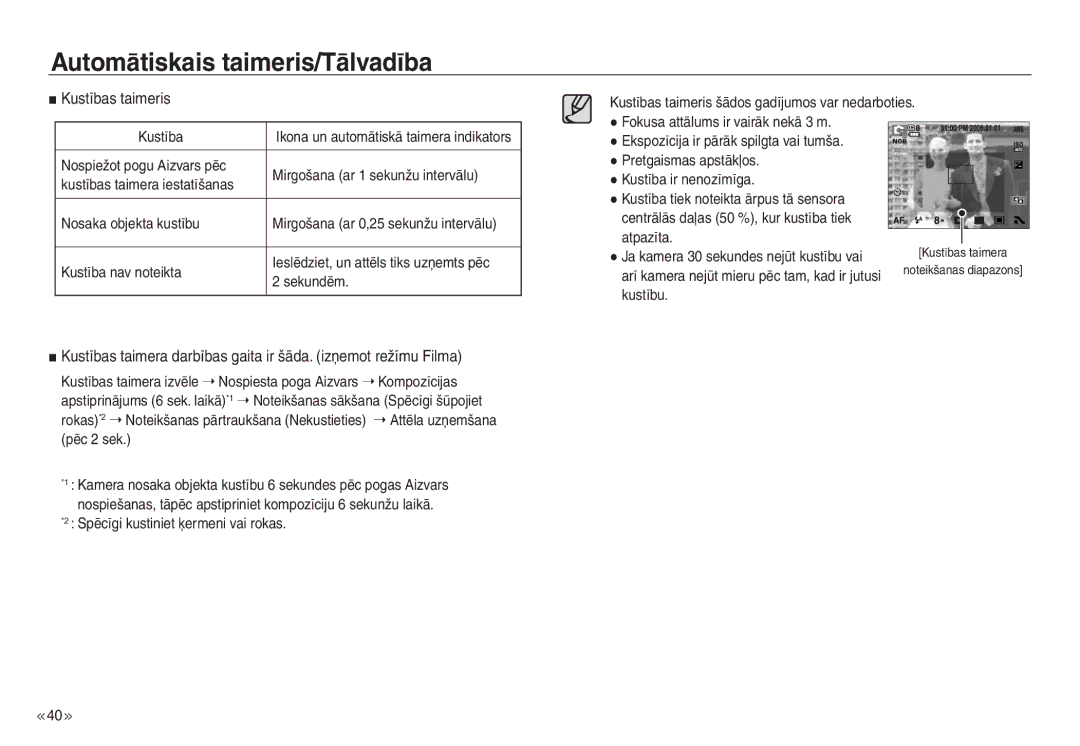 Samsung EC-NV30ZBBA/RU, EC-NV30ZSBA/RU manual Kustības taimeris, Rokas *2 Noteikšanas pārtraukšana Nekustieties, Pēc 2 sek 