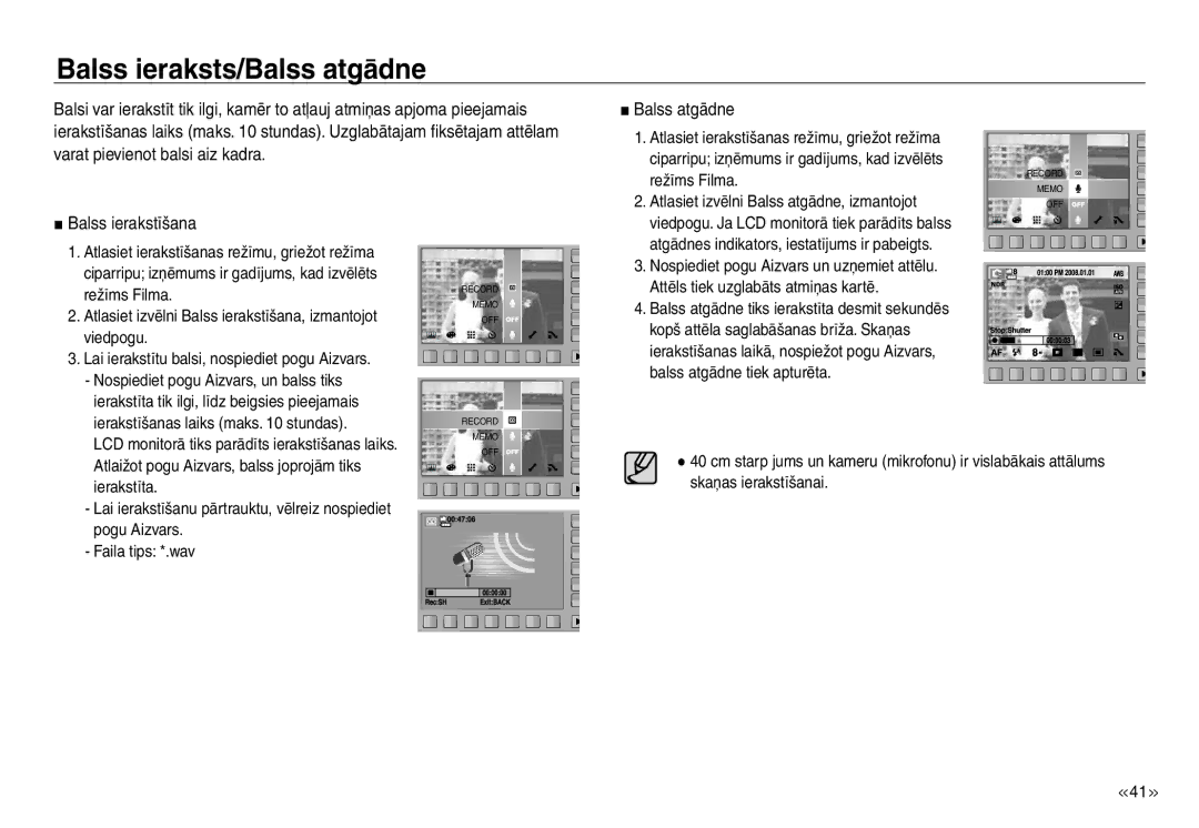 Samsung EC-NV30ZSBA/RU, EC-NV30ZBBA/RU manual Balss ieraksts/Balss atgādne, Balss ierakstīšana 