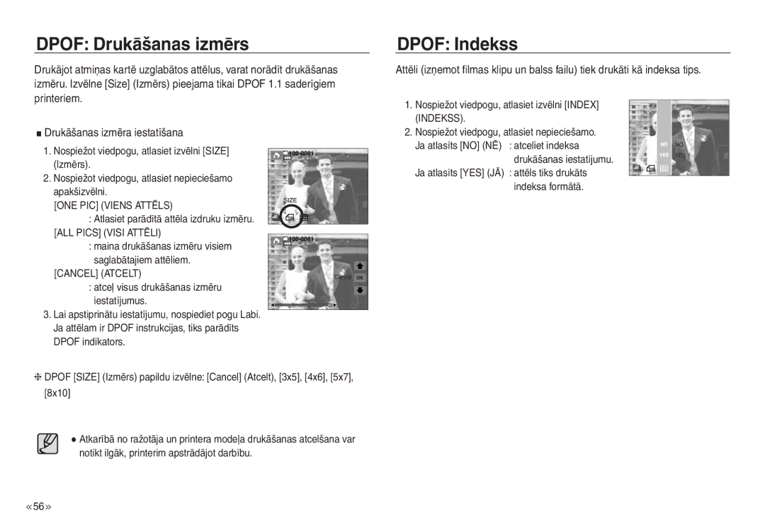 Samsung EC-NV30ZBBA/RU, EC-NV30ZSBA/RU manual Dpof Drukāšanas izmērs, Dpof Indekss, Drukāšanas izmēra iestatīšana 