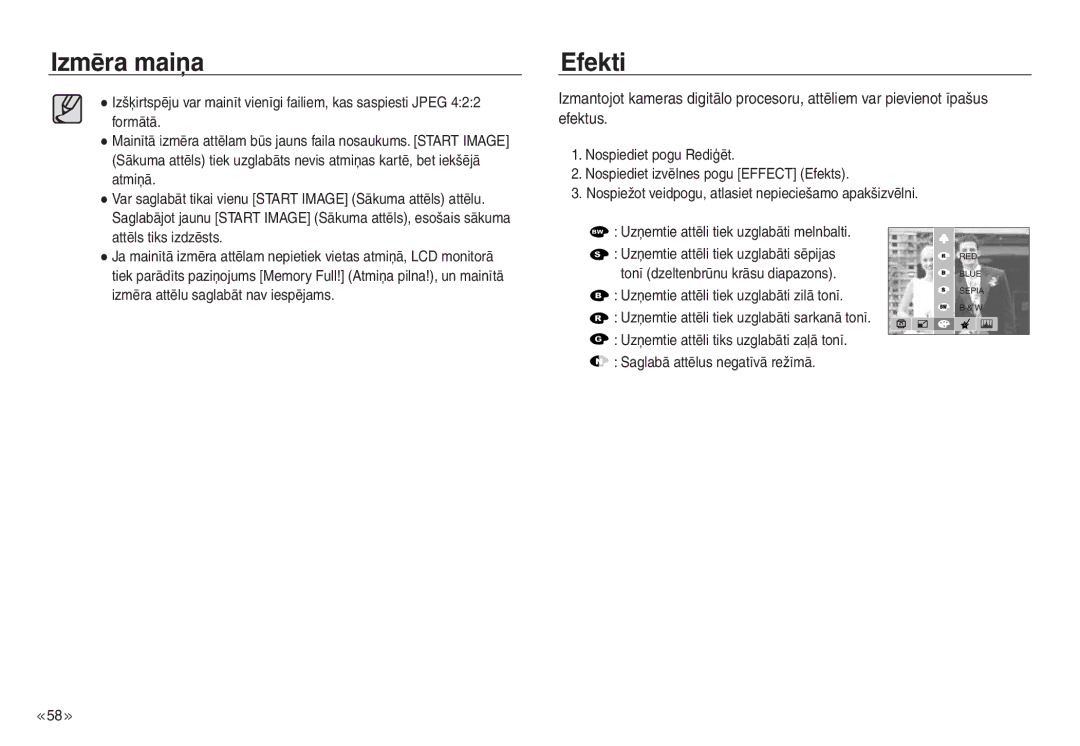 Samsung EC-NV30ZBBA/RU, EC-NV30ZSBA/RU manual Izmēra maiņa Efekti 