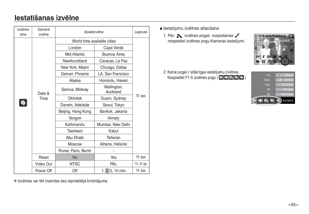 Samsung EC-NV30ZSBA/RU, EC-NV30ZBBA/RU manual Iestatīšanas izvēlne, Iestatījumu izvēlnes atlasīšana, 10 min 