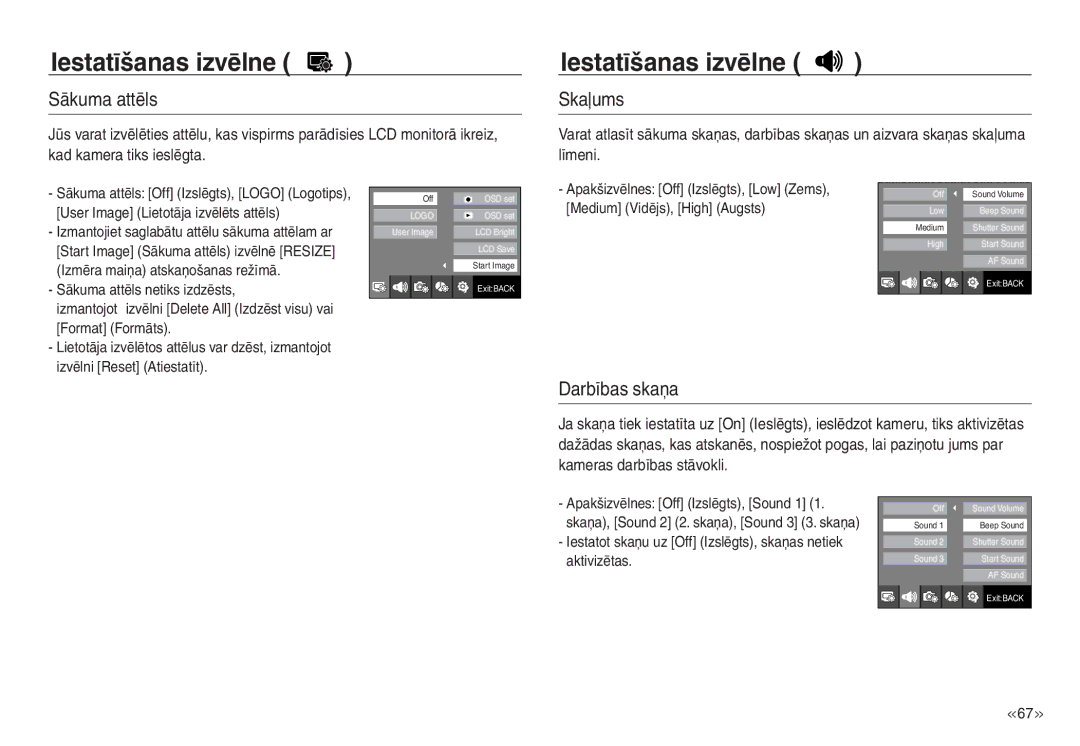 Samsung EC-NV30ZSBA/RU, EC-NV30ZBBA/RU manual Sākuma attēls, Skaļums, Darbības skaņa 