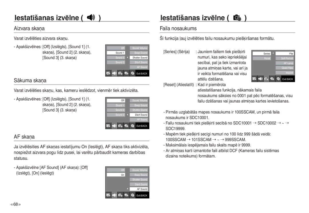 Samsung EC-NV30ZBBA/RU manual Aizvara skaņa, Faila nosaukums, Sākuma skaņa, AF skaņa, Varat izvēlēties aizvara skaņu 