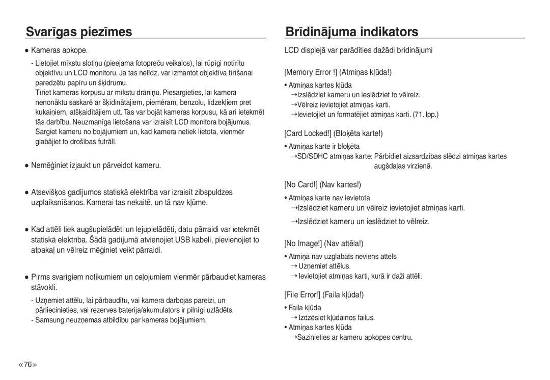 Samsung EC-NV30ZBBA/RU, EC-NV30ZSBA/RU manual Brīdinājuma indikators 