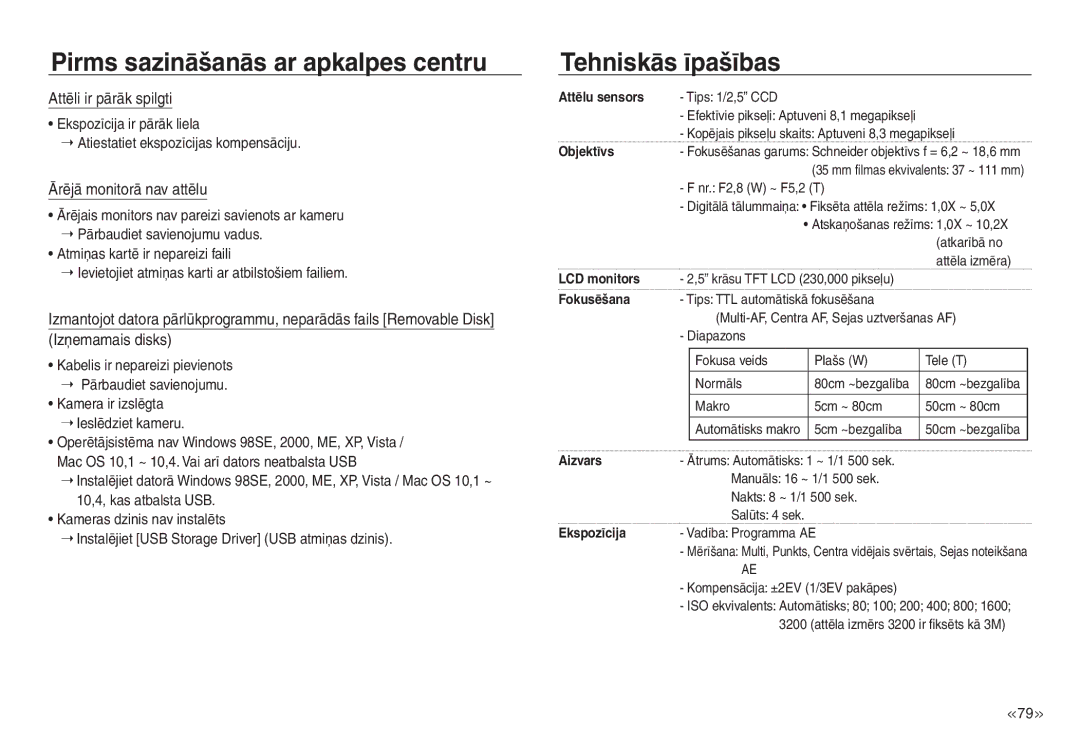 Samsung EC-NV30ZSBA/RU manual Tehniskās īpašības, Attēli ir pārāk spilgti, Ārējā monitorā nav attēlu, Izņemamais disks 