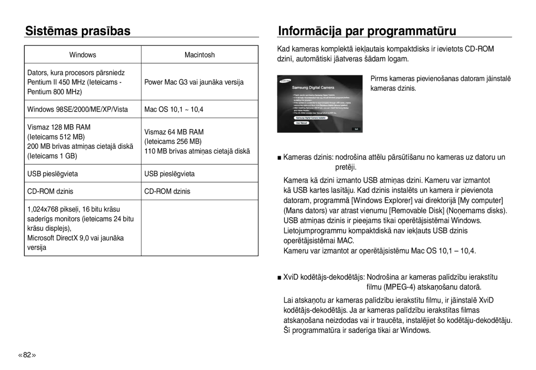 Samsung EC-NV30ZBBA/RU, EC-NV30ZSBA/RU manual Sistēmas prasības, Informācija par programmatūru, Ieteicams 1 GB 