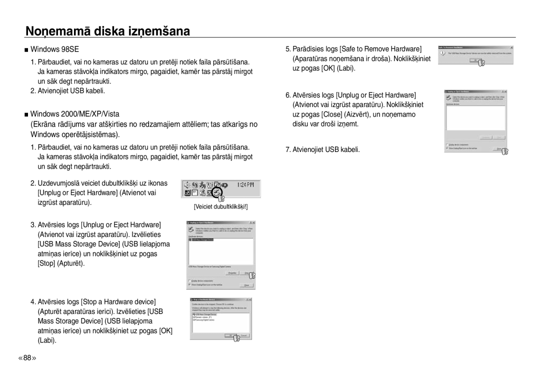 Samsung EC-NV30ZBBA/RU, EC-NV30ZSBA/RU manual Noņemamā diska izņemšana, Windows 98SE 