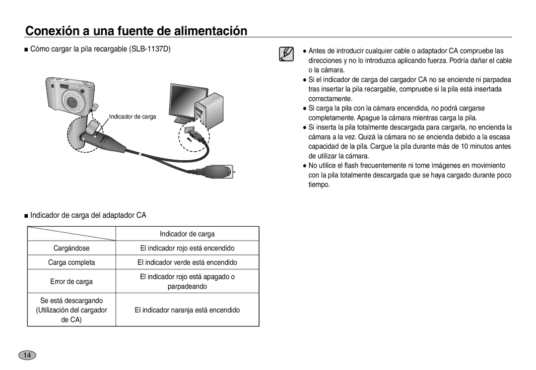 Samsung EC-NV30ZSBA/AS, EC-NV30ZSDA/E3 manual Cómo cargar la pila recargable SLB-1137D, Indicador de carga del adaptador CA 