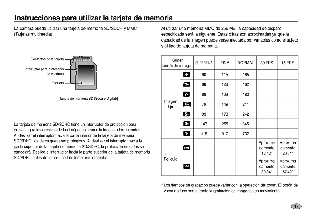 Samsung EC-NV30ZBBB/E1 Superfina Fina Normal 30 FPS 15 FPS, 115 165 128 182 129 183 Imagen 149 211 Fija 173 242, 255 345 