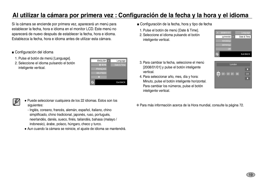 Samsung EC-NV30ZSBB/E1 manual Configuración del idioma, Pulse el botón de menú Date & Time, Inteligente vertical, Vertical 