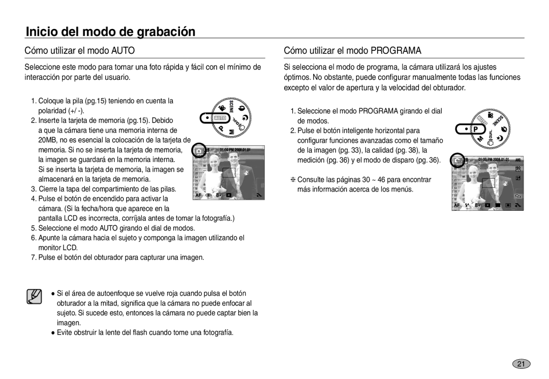 Samsung EC-NV30ZBBA/AS manual Inicio del modo de grabación, Cómo utilizar el modo Auto, Cómo utilizar el modo Programa 