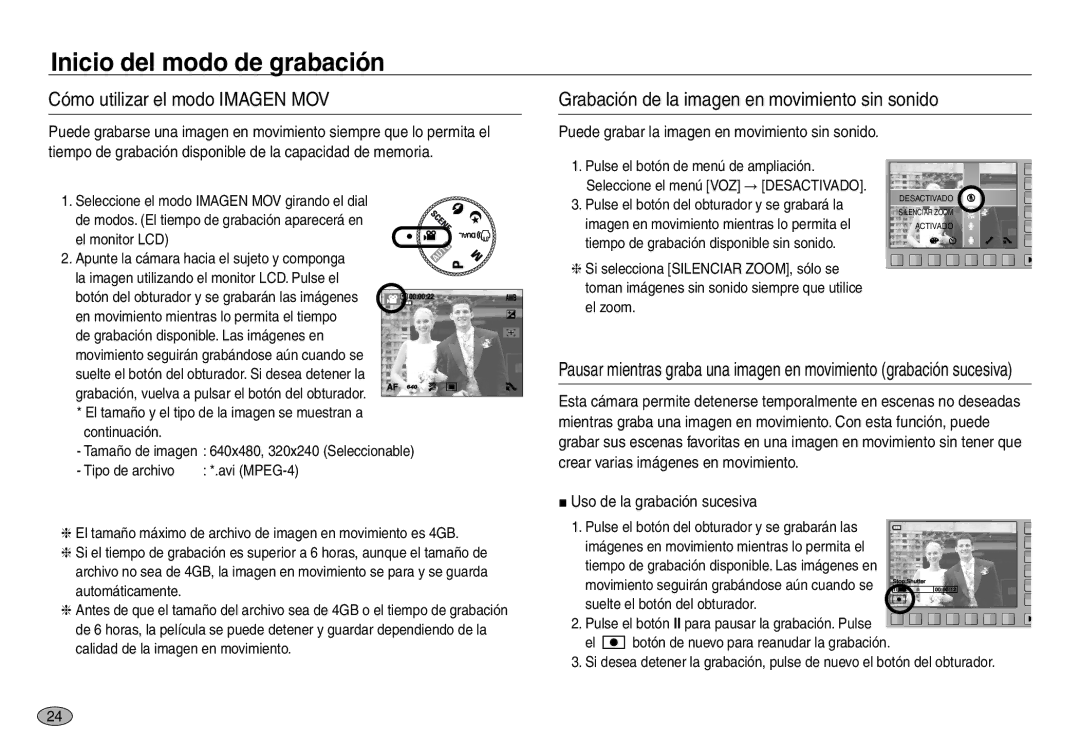 Samsung EC-NV30ZBDA/E3, EC-NV30ZSDA/E3 manual Uso de la grabación sucesiva, Puede grabar la imagen en movimiento sin sonido 