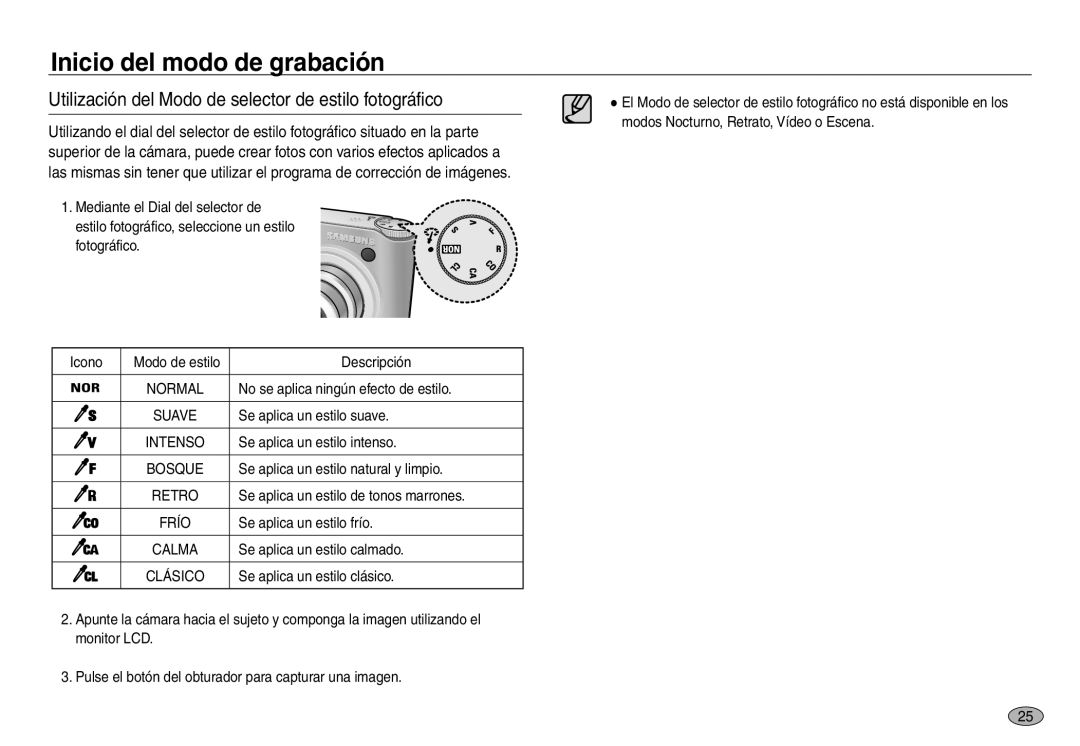 Samsung EC-NV30ZBBB/E1, EC-NV30ZSDA/E3, EC-NV30ZBDA/E3 manual Utilización del Modo de selector de estilo fotográfico 