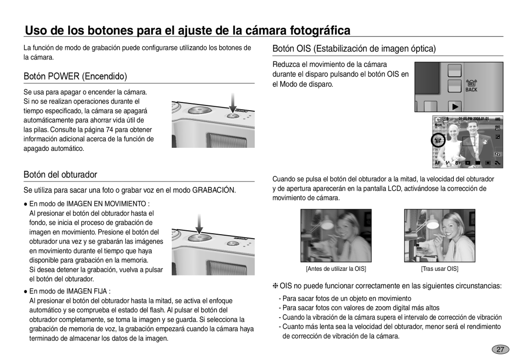 Samsung EC-NV30ZSBB/E1, EC-NV30ZSDA/E3 Uso de los botones para el ajuste de la cámara fotográfica, Botón Power Encendido 