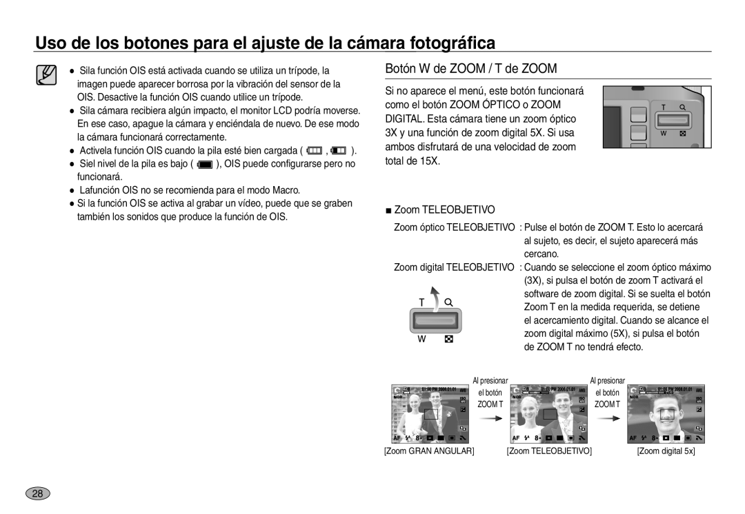 Samsung EC-NV30ZSBA/E1, EC-NV30ZSDA/E3, EC-NV30ZBDA/E3, EC-NV30ZBBB/E1 manual Botón W de Zoom / T de Zoom, Zoom Teleobjetivo 