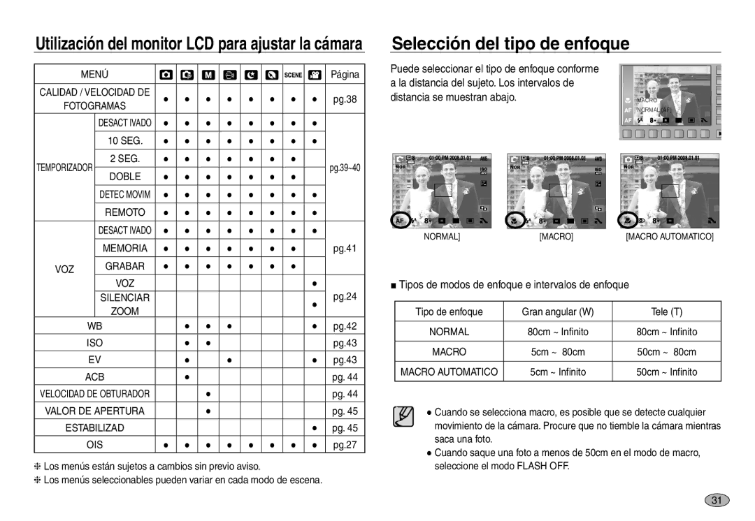 Samsung EC-NV30ZSDA/E3, EC-NV30ZBDA/E3 manual La distancia del sujeto. Los intervalos de, Distancia se muestran abajo 