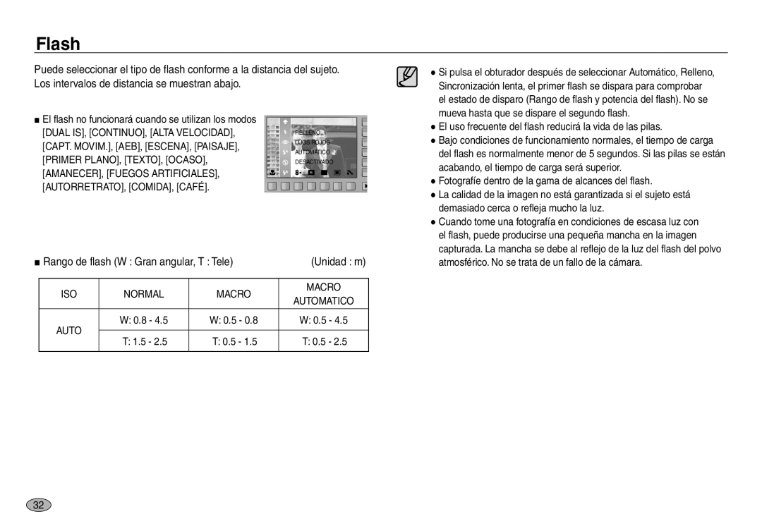 Samsung EC-NV30ZBDA/E3, EC-NV30ZSDA/E3, EC-NV30ZBBB/E1, EC-NV30ZBBC/E1 manual Flash, Rango de flash W Gran angular, T Tele 