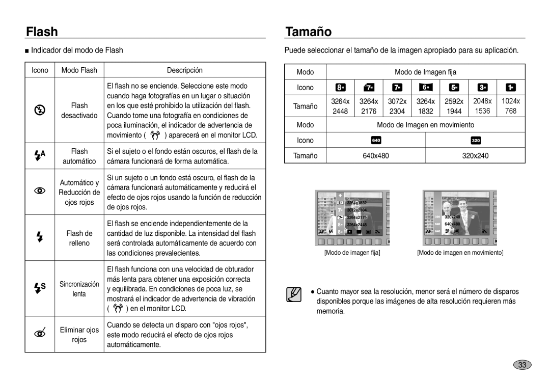 Samsung EC-NV30ZBBB/E1, EC-NV30ZSDA/E3, EC-NV30ZBDA/E3, EC-NV30ZBBC/E1, EC-NV30ZSBB/E1 Tamaño, Indicador del modo de Flash 