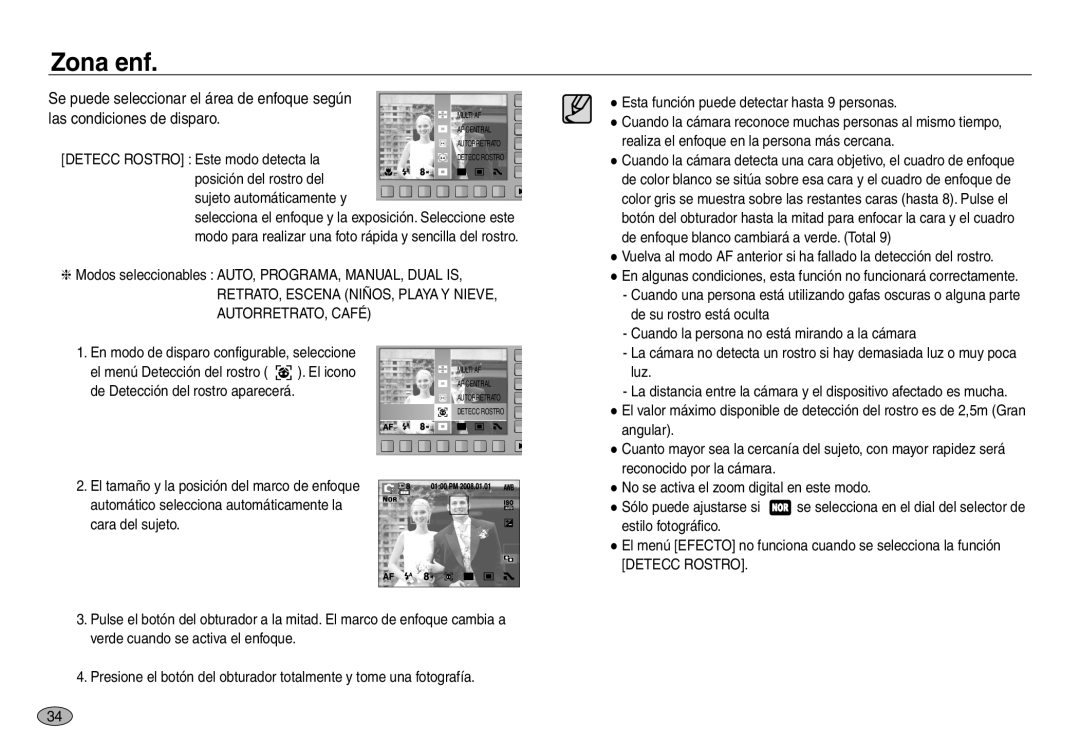 Samsung EC-NV30ZBBC/E1, EC-NV30ZSDA/E3, EC-NV30ZBDA/E3, EC-NV30ZBBB/E1 manual Las condiciones de disparo, Detecc Rostro 