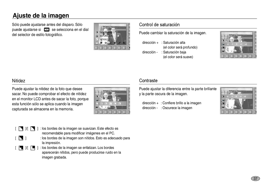 Samsung EC-NV30ZBBA/AS, EC-NV30ZSDA/E3, EC-NV30ZBDA/E3 manual Ajuste de la imagen, Control de saturación, Nitidez, Contraste 