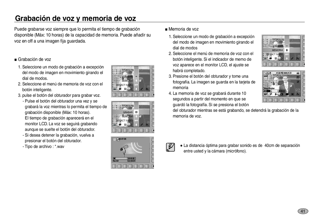 Samsung EC-NV30ZBBB/E1, EC-NV30ZSDA/E3 manual Grabación de voz y memoria de voz, Memoria de voz, Tipo de archivo *.wav 