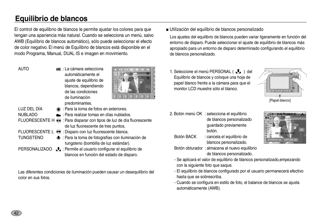 Samsung EC-NV30ZBBC/E1, EC-NV30ZSDA/E3 Equilibrio de blancos, Utilización del equilibrio de blancos personalizado, Auto 