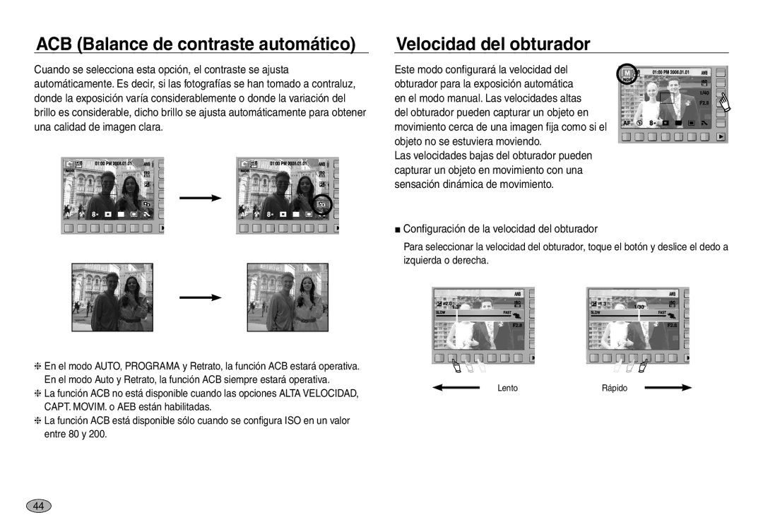 Samsung EC-NV30ZSBA/E1, EC-NV30ZSDA/E3, EC-NV30ZBDA/E3 manual ACB Balance de contraste automático, Velocidad del obturador 