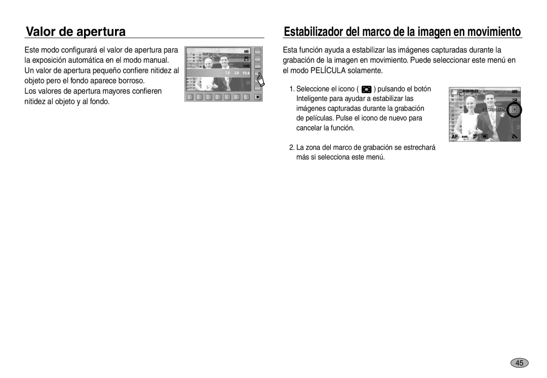 Samsung EC-NV30ZBBA/AS, EC-NV30ZSDA/E3 manual Valor de apertura, Estabilizador del marco de la imagen en movimiento 