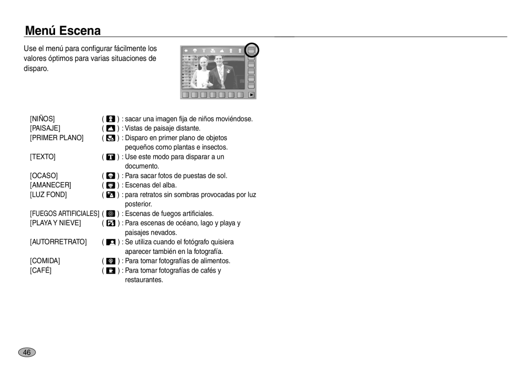 Samsung EC-NV30ZSBA/AS, EC-NV30ZSDA/E3 manual Menú Escena, Niños Paisaje Primer Plano Texto Ocaso Amanecer LUZ Fond 