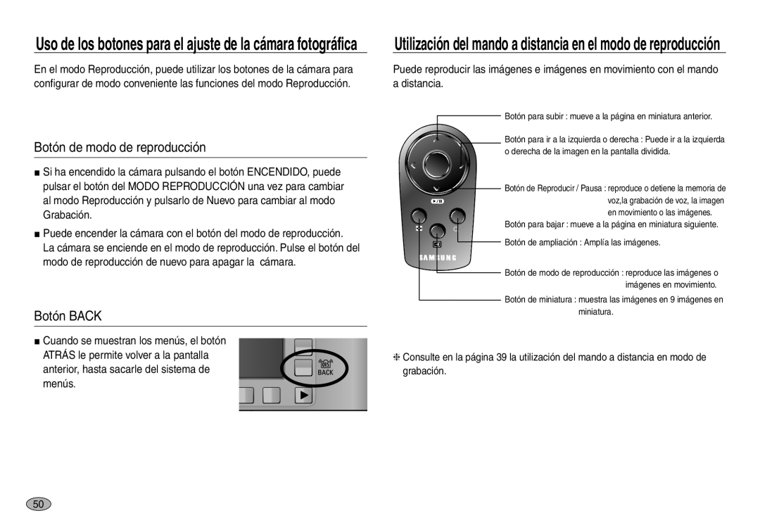 Samsung EC-NV30ZBBC/E1 manual Botón de modo de reproducción, Botón Back, Anterior, hasta sacarle del sistema de menús 