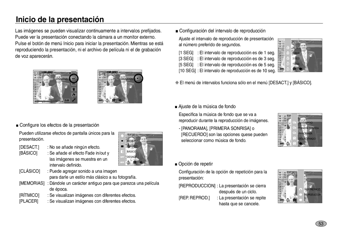 Samsung EC-NV30ZBBA/AS manual Inicio de la presentación, Configuración del intervalo de reproducción, Opción de repetir 