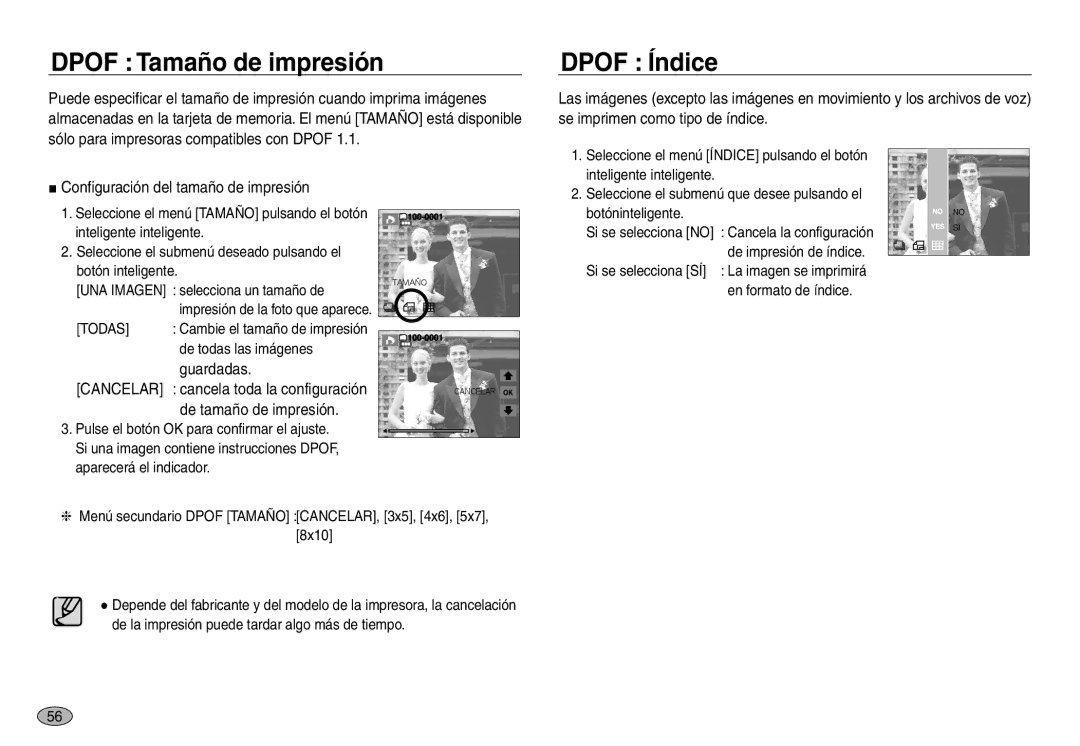 Samsung EC-NV30ZBDA/E3 Dpof Tamaño de impresión, Dpof Índice, Guardadas, De todas las imágenes, De impresión de índice 