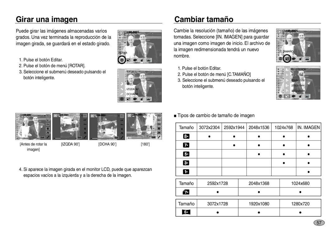 Samsung EC-NV30ZBBB/E1, EC-NV30ZSDA/E3, EC-NV30ZBDA/E3 Girar una imagen Cambiar tamaño, Tipos de cambio de tamaño de imagen 