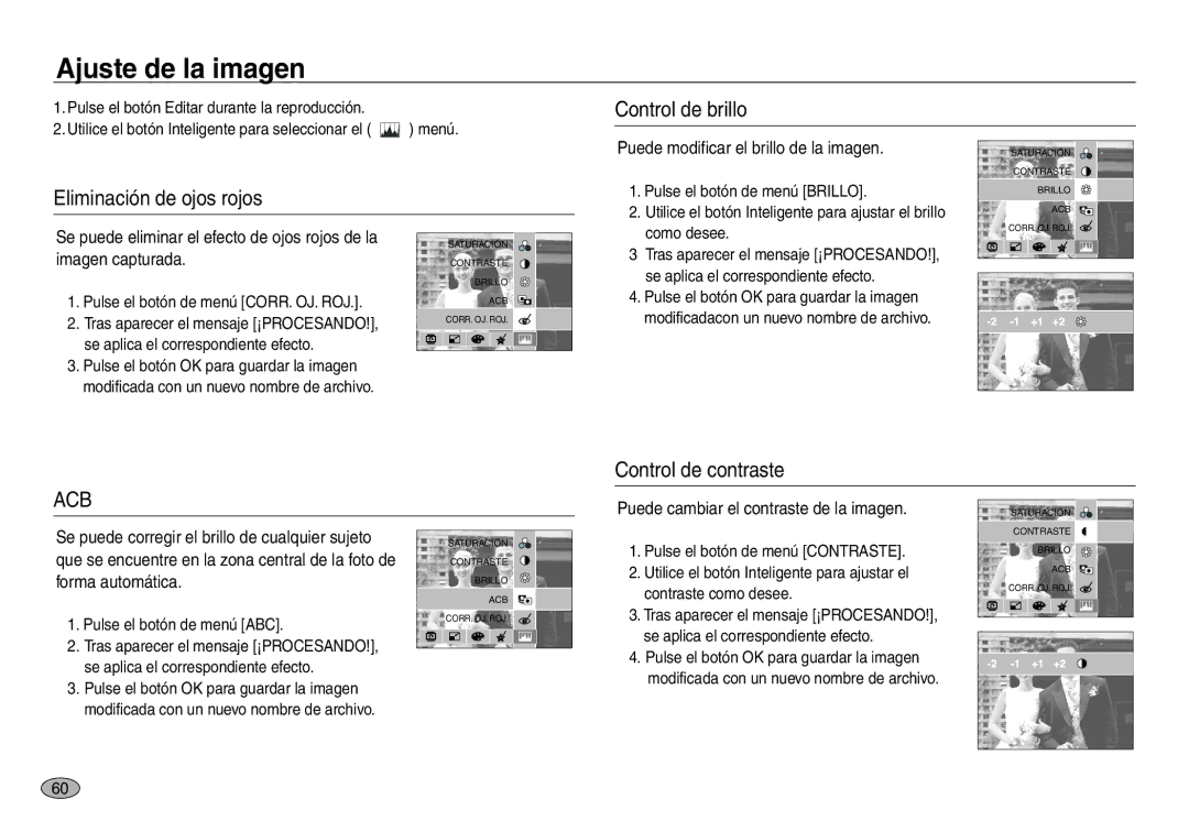 Samsung EC-NV30ZSBA/E1, EC-NV30ZSDA/E3, EC-NV30ZBDA/E3 Control de brillo Eliminación de ojos rojos, Control de contraste 