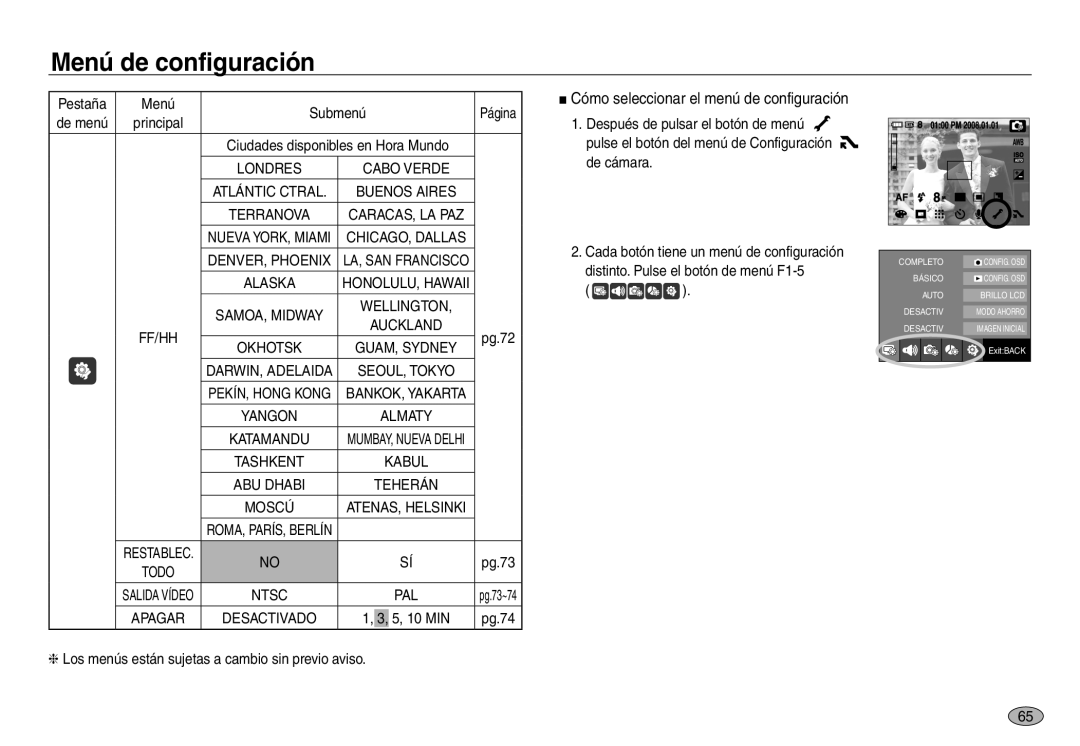 Samsung EC-NV30ZBBB/E1, EC-NV30ZSDA/E3, EC-NV30ZBDA/E3, EC-NV30ZBBC/E1, EC-NV30ZSBB/E1 manual Pestaña Menú Submenú, 10 MIN 