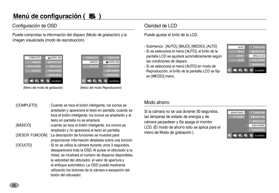 Samsung EC-NV30ZBBC/E1 Configuración de OSD Claridad de LCD, Modo ahorro, Puede ajustar el brillo de la LCD, Completo 