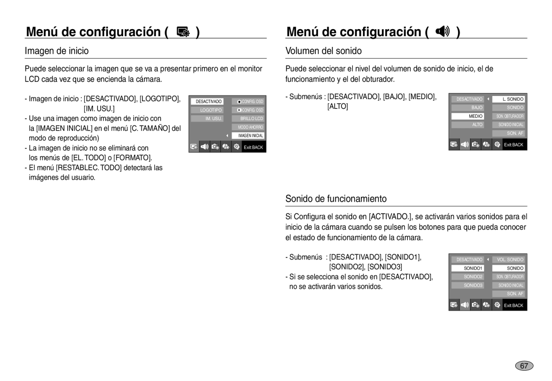 Samsung EC-NV30ZSBB/E1, EC-NV30ZSDA/E3, EC-NV30ZBDA/E3 manual Imagen de inicio, Volumen del sonido, Sonido de funcionamiento 