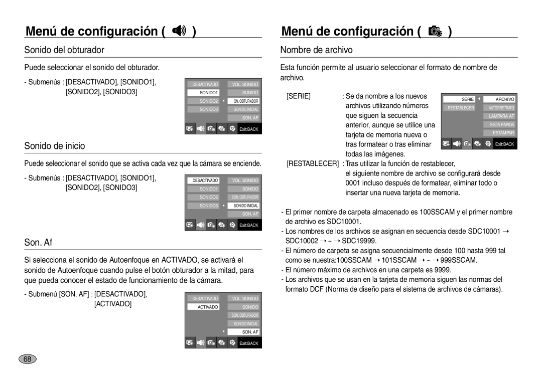 Samsung EC-NV30ZSBA/E1, EC-NV30ZSDA/E3 manual Sonido del obturador, Nombre de archivo, Sonido de inicio, Son. Af, Serie 