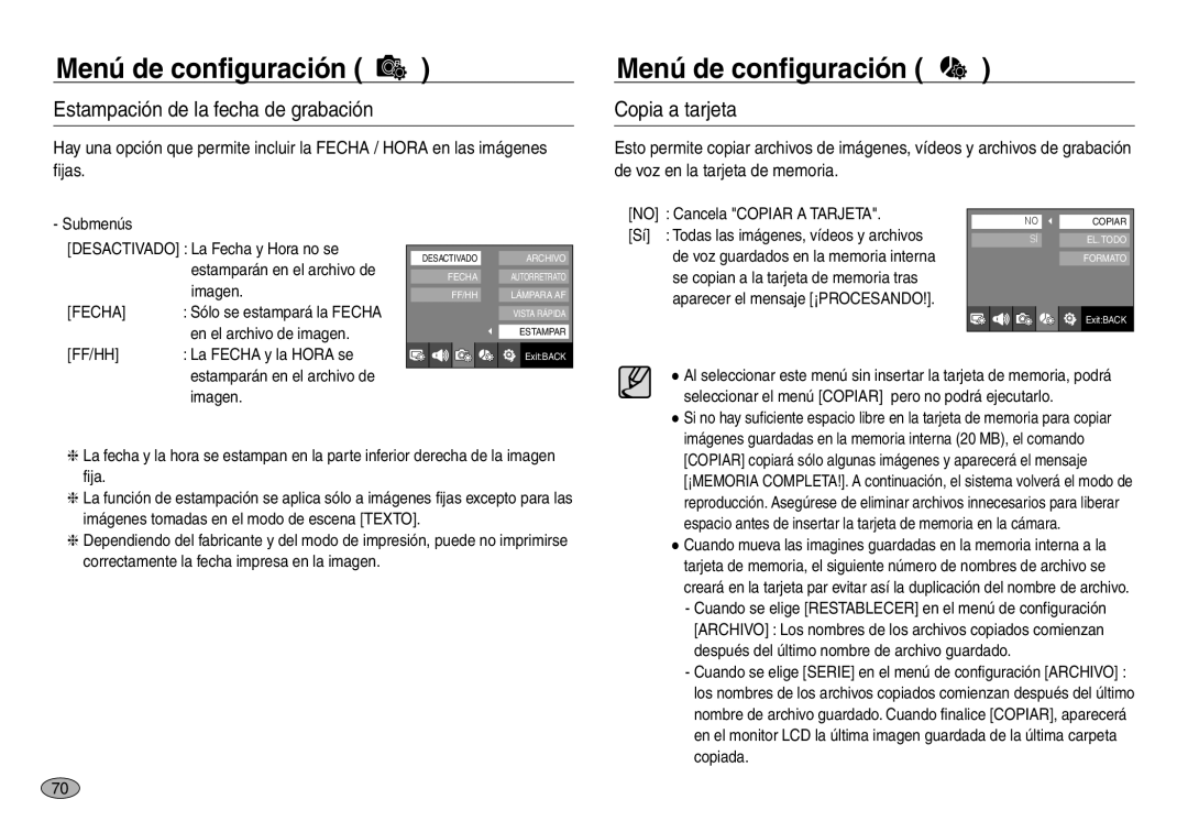 Samsung EC-NV30ZSBA/AS, EC-NV30ZSDA/E3, EC-NV30ZBDA/E3 Estampación de la fecha de grabación, Copia a tarjeta, Fecha, Ff/Hh 