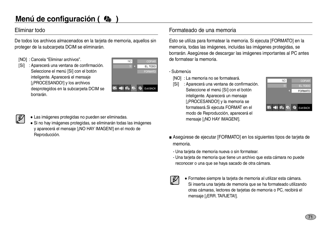 Samsung EC-NV30ZSDA/E3, EC-NV30ZBDA/E3, EC-NV30ZBBB/E1 Eliminar todo, Formateado de una memoria, De formatear la memoria 