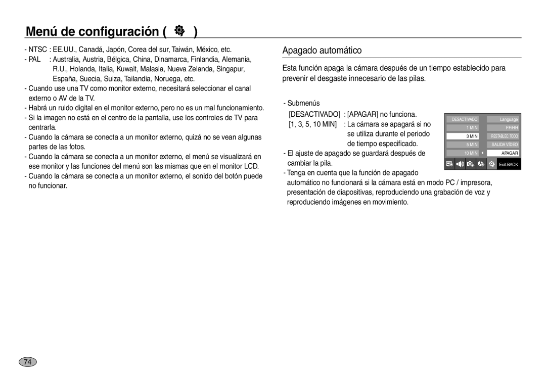 Samsung EC-NV30ZBBC/E1, EC-NV30ZSDA/E3, EC-NV30ZBDA/E3, EC-NV30ZBBB/E1, EC-NV30ZSBB/E1 Apagado automático, Cambiar la pila 