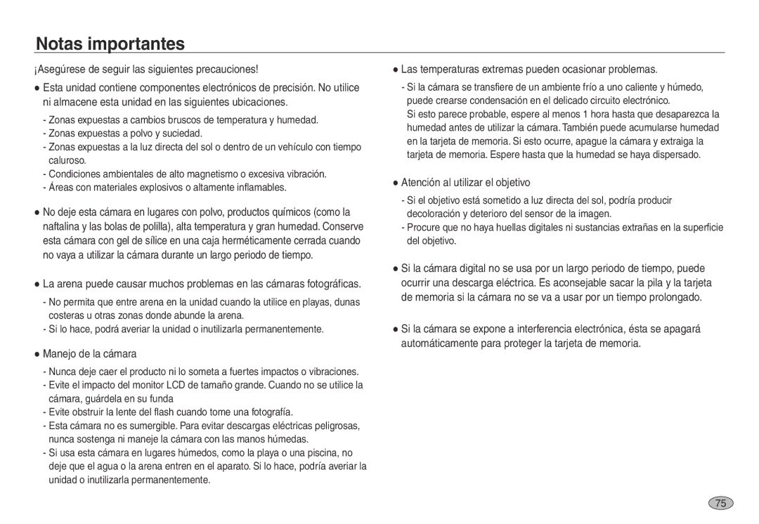 Samsung EC-NV30ZSBB/E1 manual Notas importantes, ¡Asegúrese de seguir las siguientes precauciones, Manejo de la cámara 